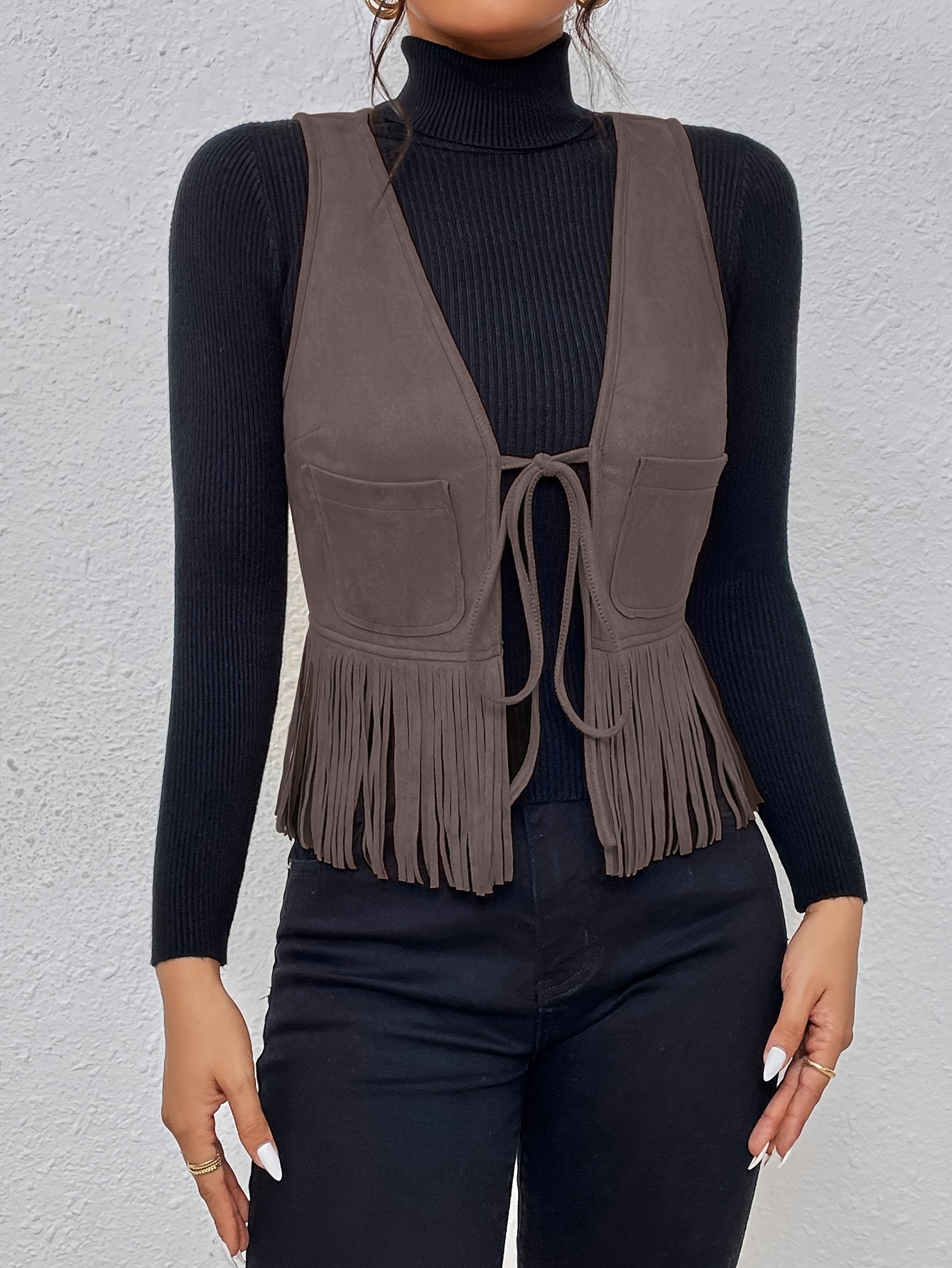 tassel tie front solid vest elegant sleeveless stylish vest womens clothing details 9