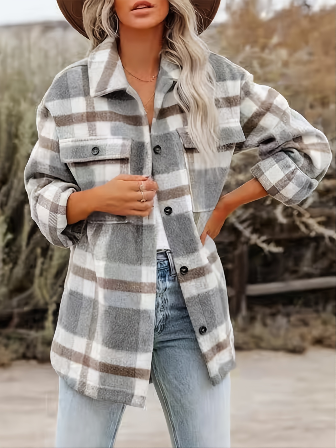 stylish plaid button down long sleeve jacket loose lapel plaid jacket womens clothing details 7