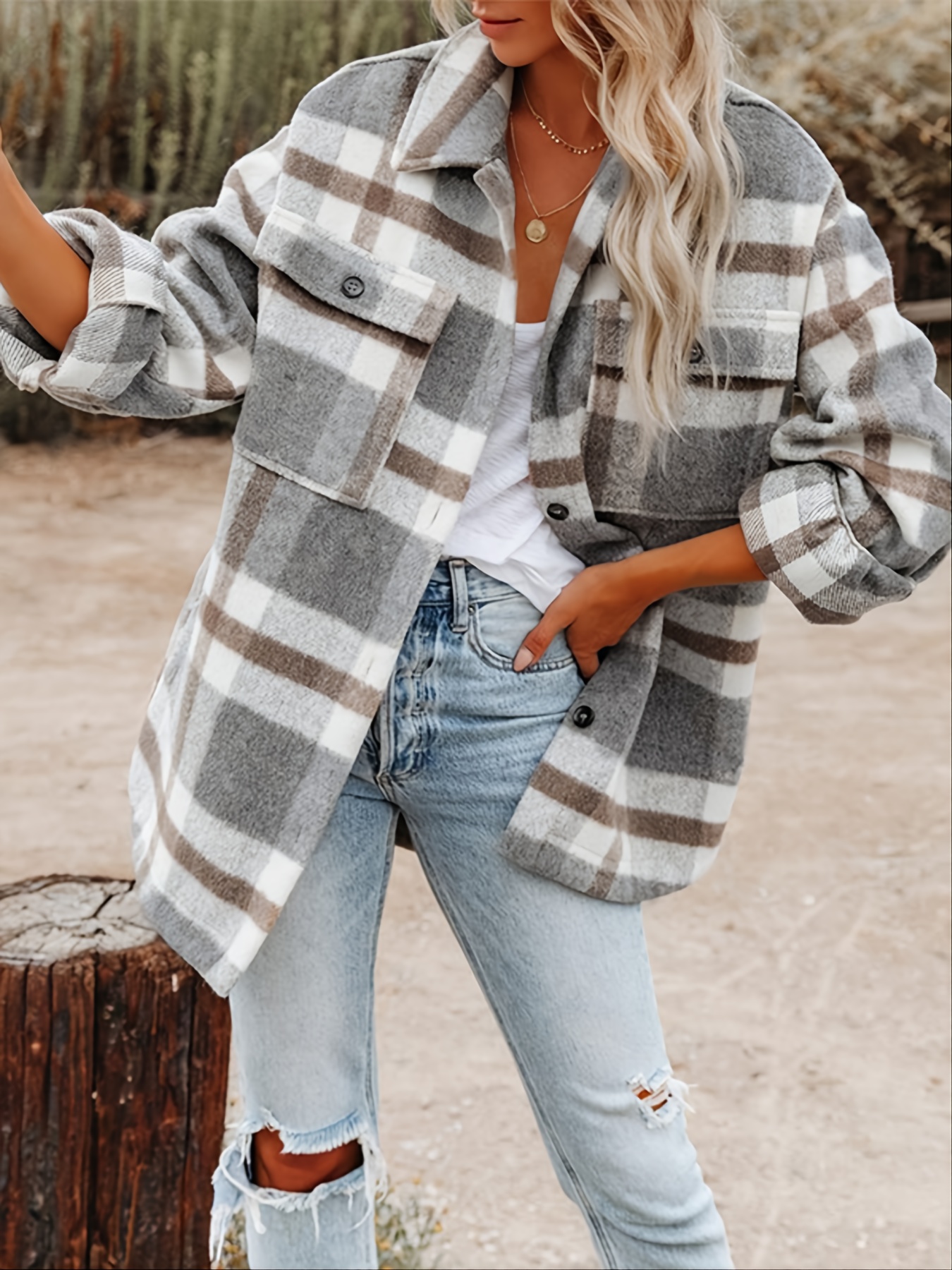 stylish plaid button down long sleeve jacket loose lapel plaid jacket womens clothing details 11