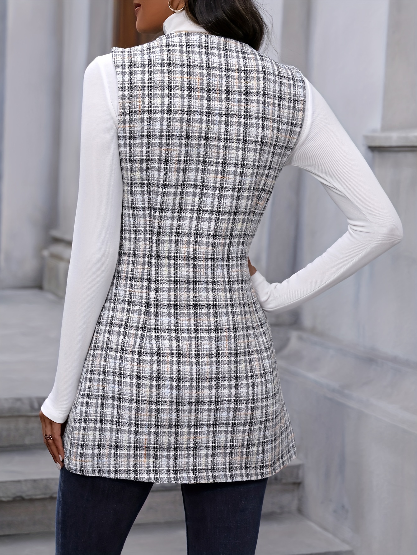 plaid print sleeveless vest elegant button front vest with pockets womens clothing details 10