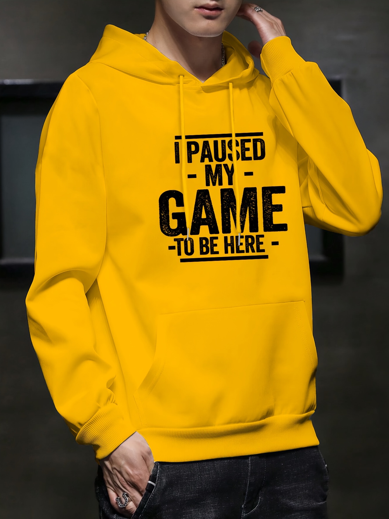 i paused my game print mens pullover round neck hoodies with kangaroo pocket long sleeve hooded sweatshirt loose casual top for autumn winter mens clothing as gifts details 20