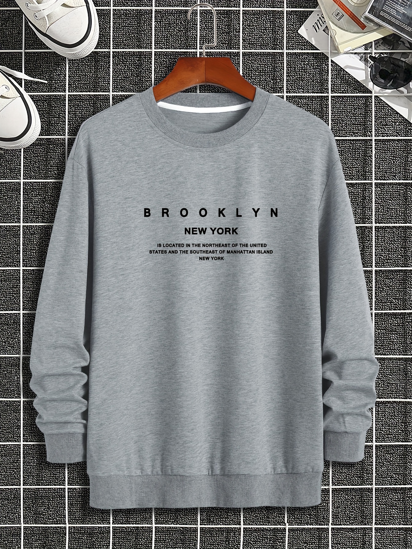 brooklyn new york print fashionable mens casual long sleeve crew neck pullover sweatshirt suitable for outdoor sports for autumn spring can be paired with hip hop necklace as gifts details 7