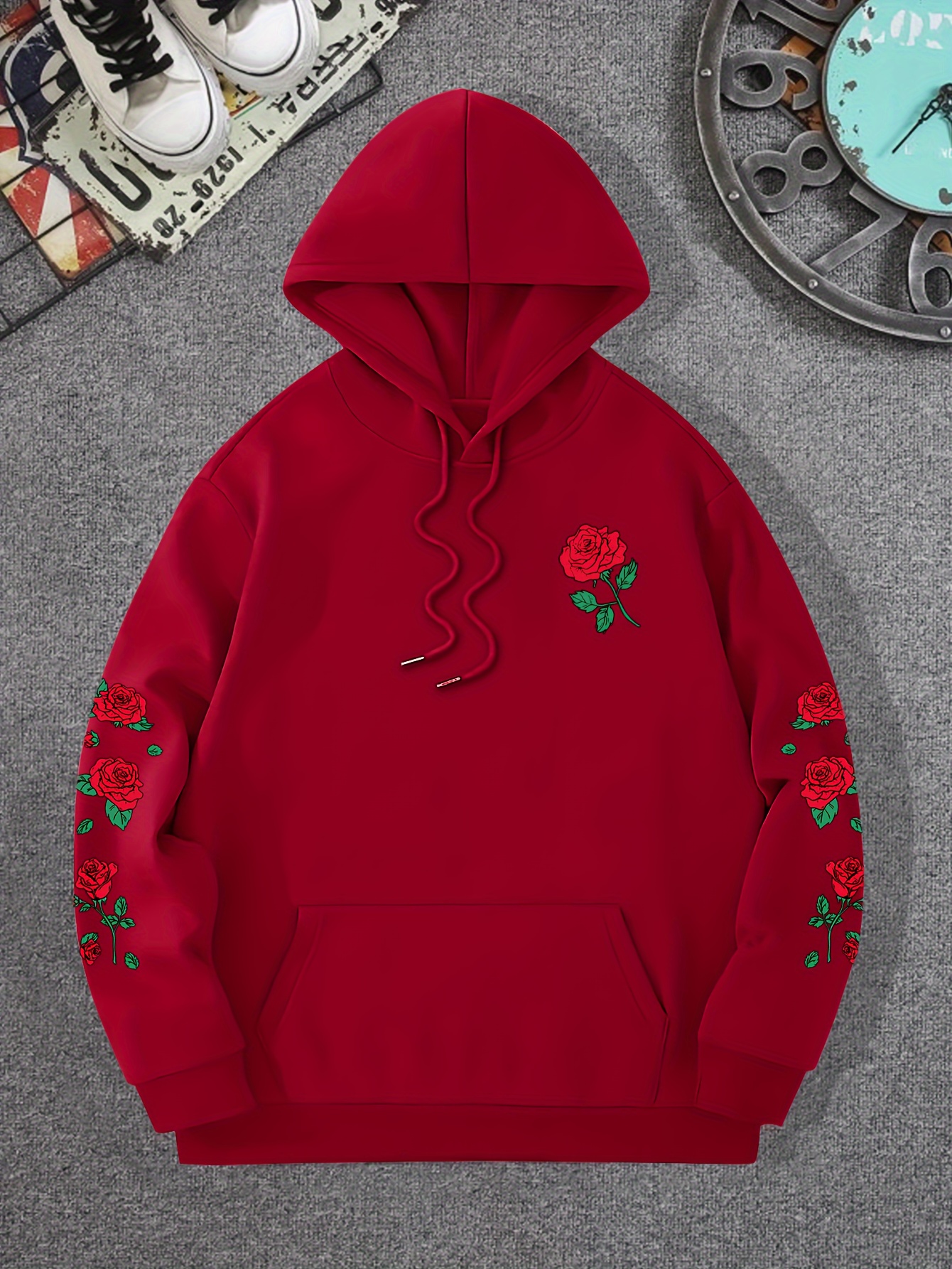 red rose print mens pullover round neck long sleeve hooded sweatshirt pattern loose casual top for autumn winter mens clothing as gifts details 0