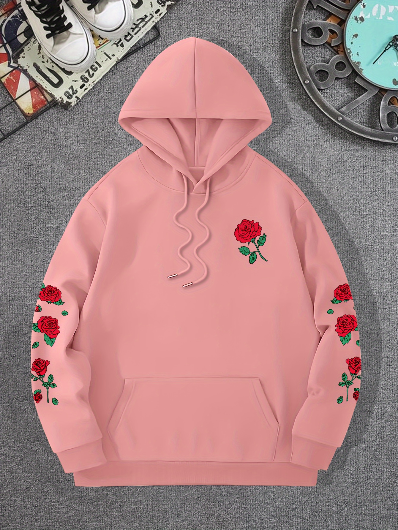 red rose print mens pullover round neck long sleeve hooded sweatshirt pattern loose casual top for autumn winter mens clothing as gifts details 25