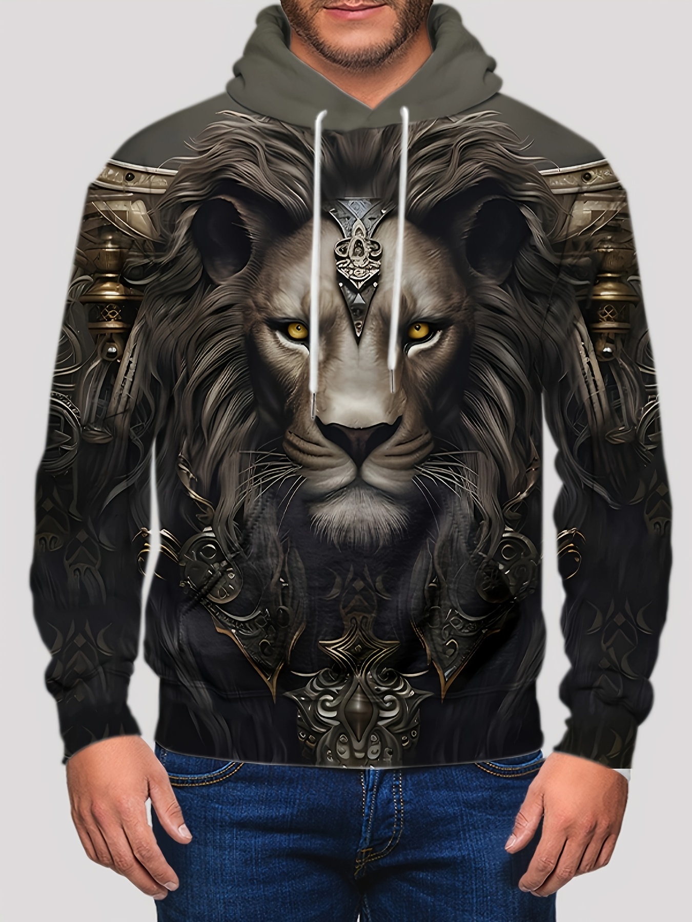 king lion print hoodie cool hoodies for men mens casual graphic design pullover hooded sweatshirt streetwear for winter fall as gifts details 0