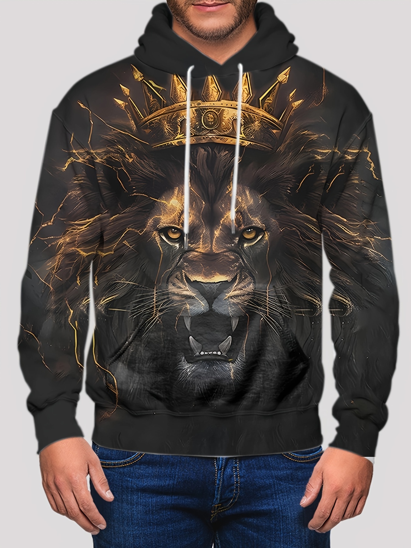 king lion print hoodie cool hoodies for men mens casual graphic design pullover hooded sweatshirt streetwear for winter fall as gifts details 8