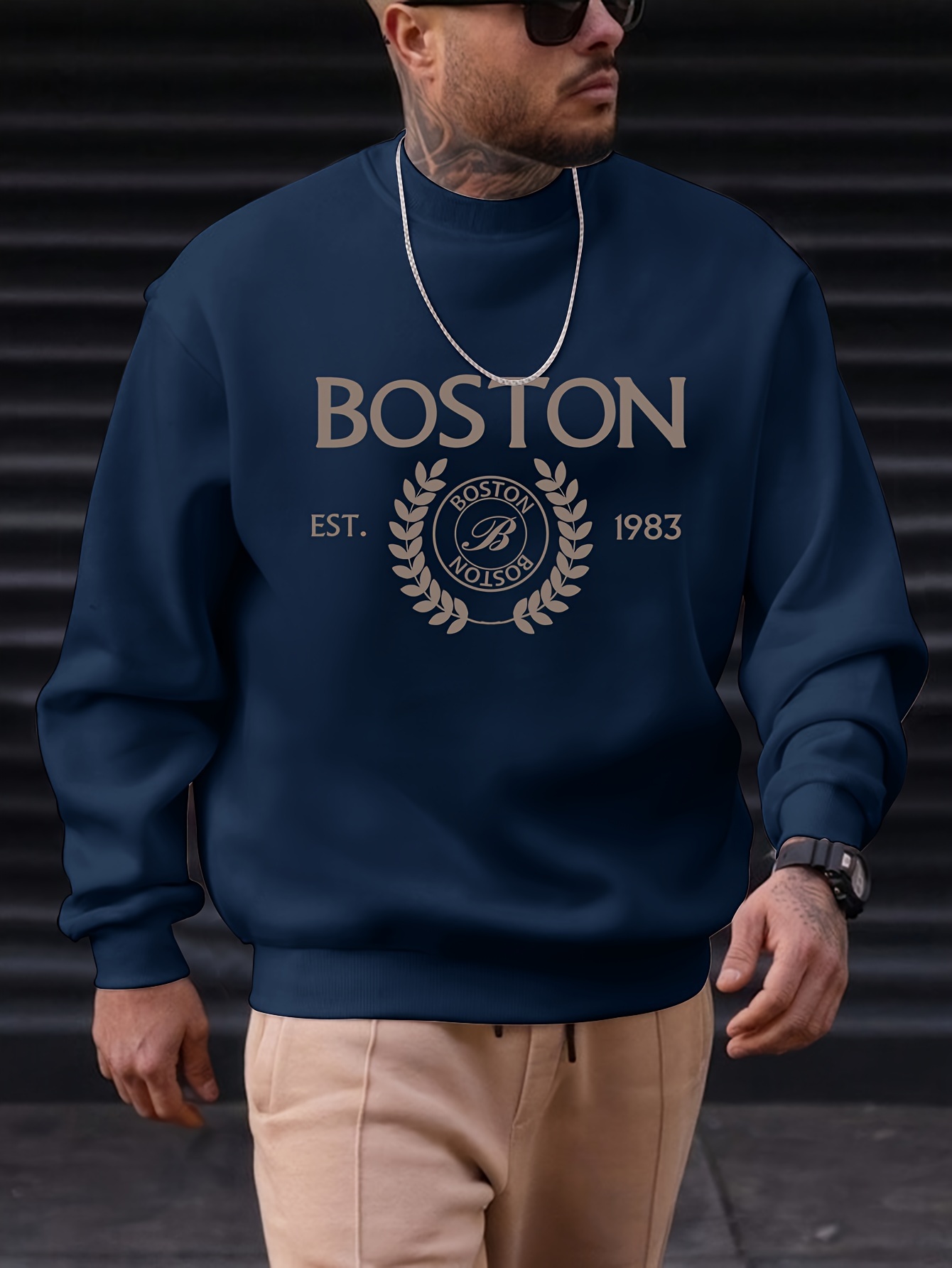 mens pullover round neck long sleeve sweatshirt letter boston pattern casual top for autumn winter mens clothing details 0