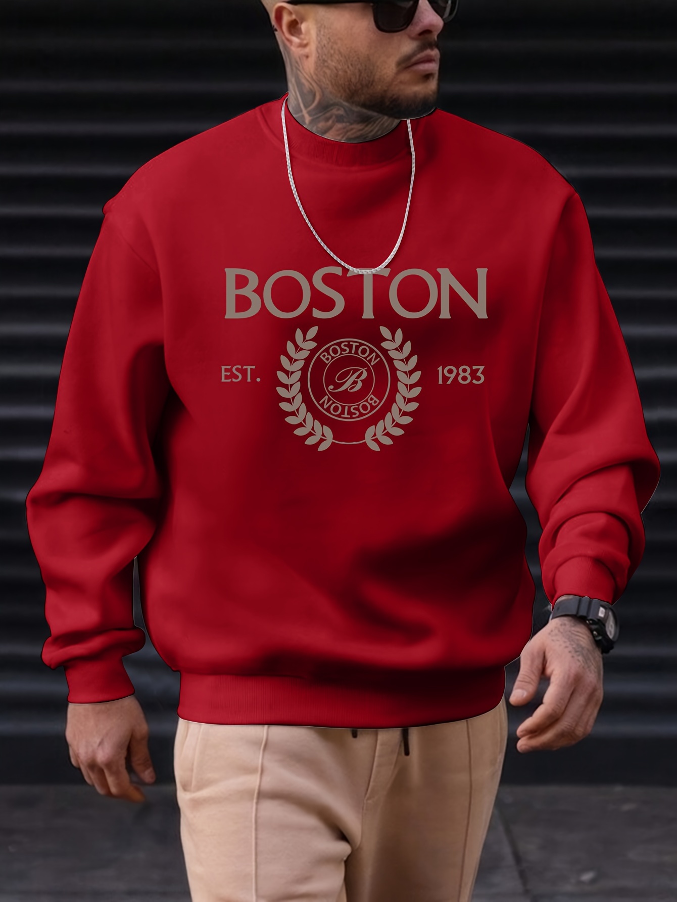 mens pullover round neck long sleeve sweatshirt letter boston pattern casual top for autumn winter mens clothing details 6