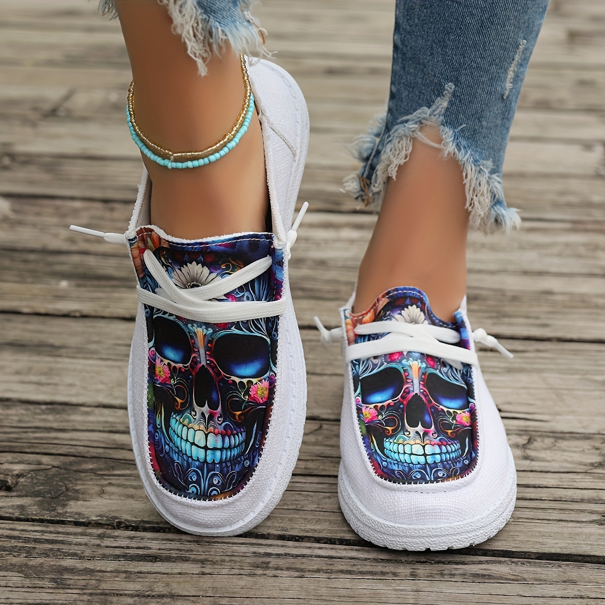 women s printed skull slip canvas shoes comfortable match details 0