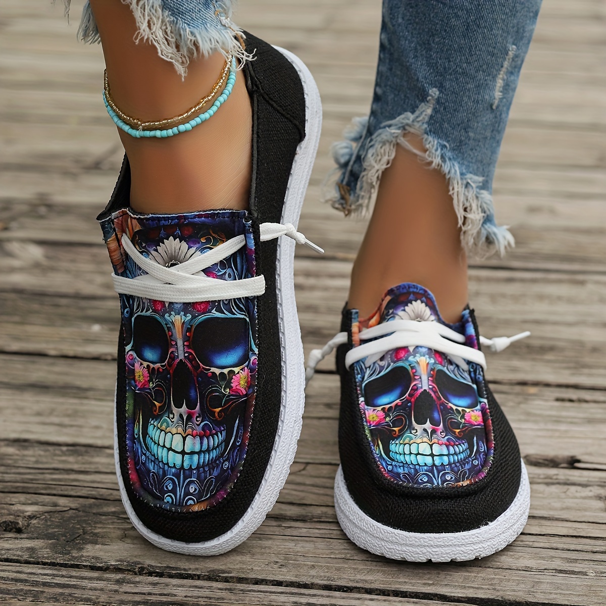 women s printed skull slip canvas shoes comfortable match details 2