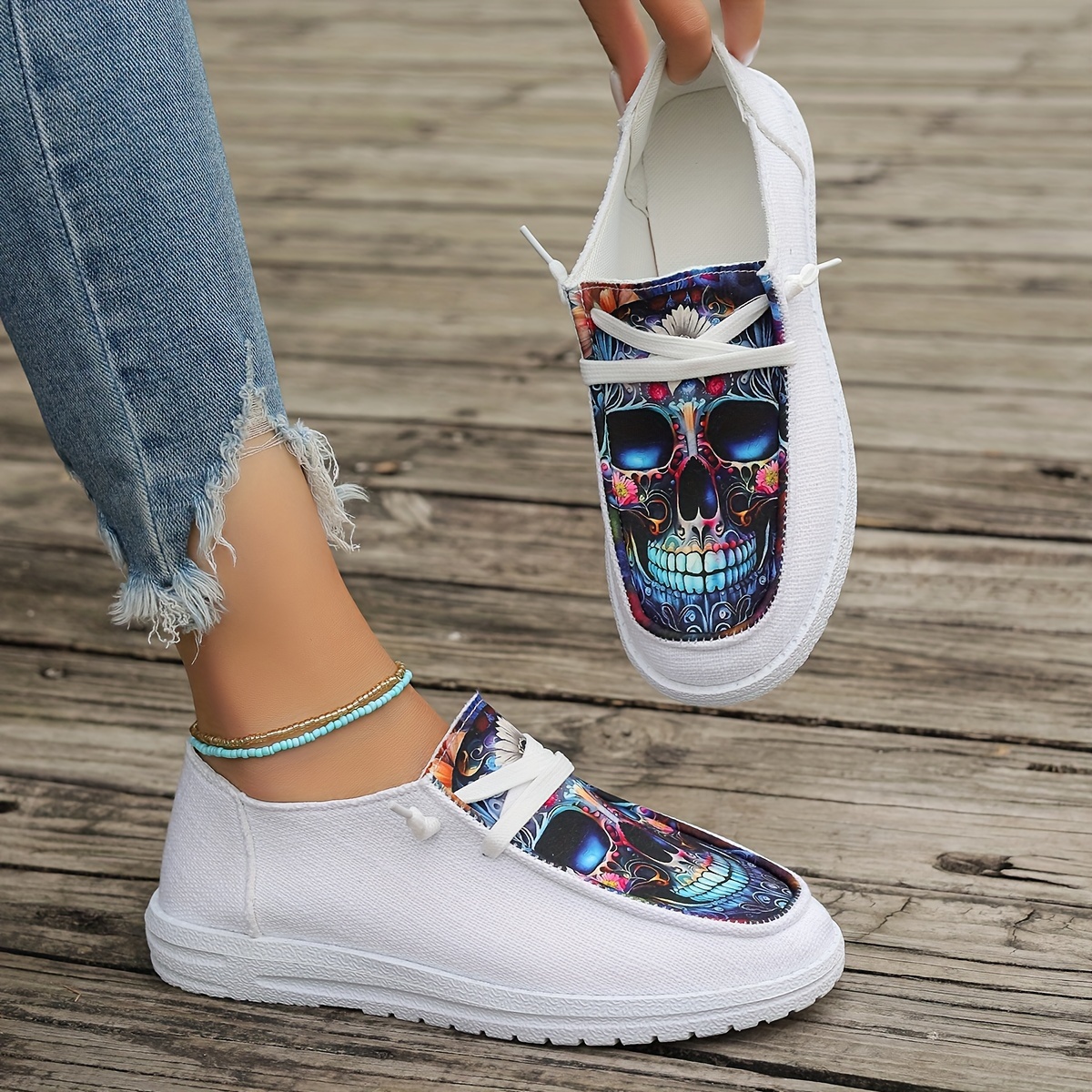 women s printed skull slip canvas shoes comfortable match details 3