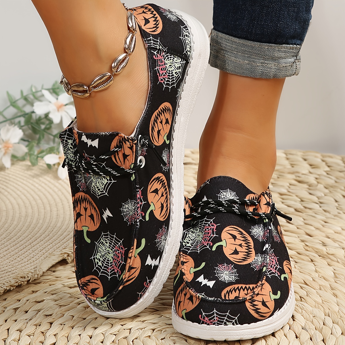 cobweb canvas shoes women s pumpkin casual halloween slip details 4