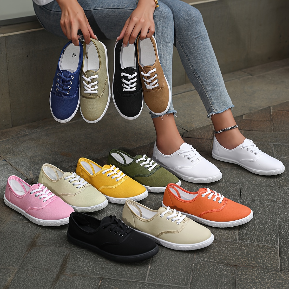 solid color canvas sneakers women s simple style lace flat details 0