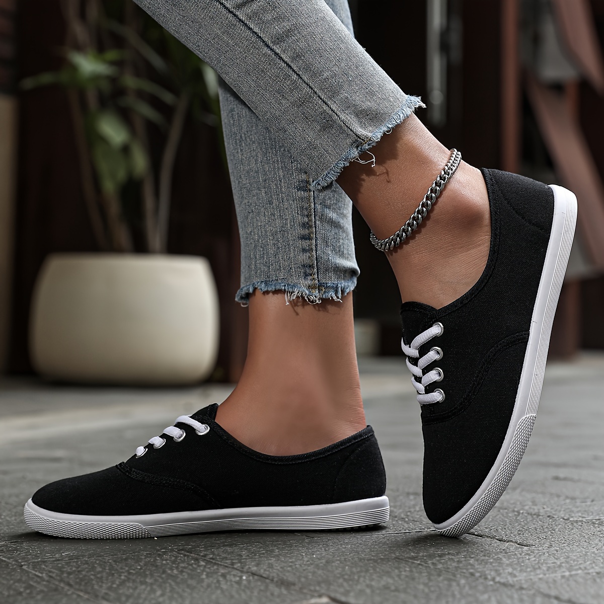 solid color canvas sneakers women s simple style lace flat details 3